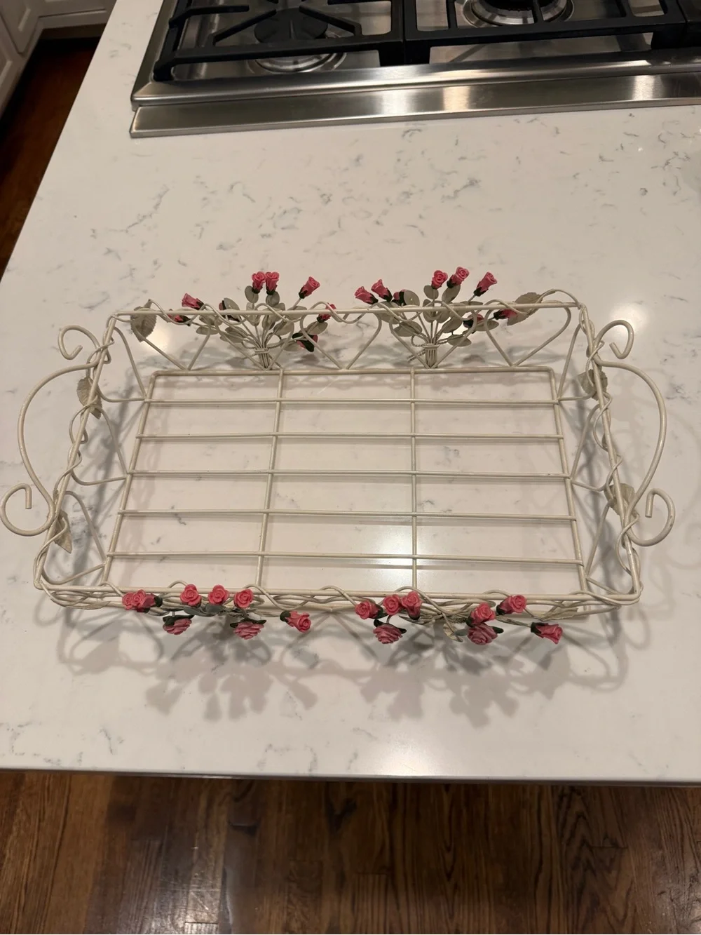 Vintage Cottage Cream Metal Wire Rose Tray Shabby Chic Pink Floral Vanity Basket